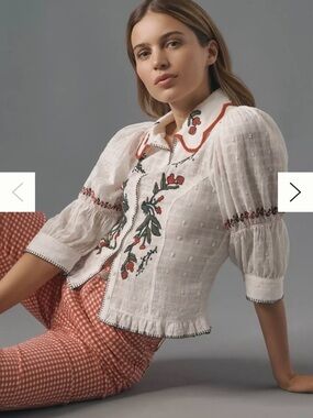 Anthropologie White Embroidered Puff-Sleeve Cotton Blouse
